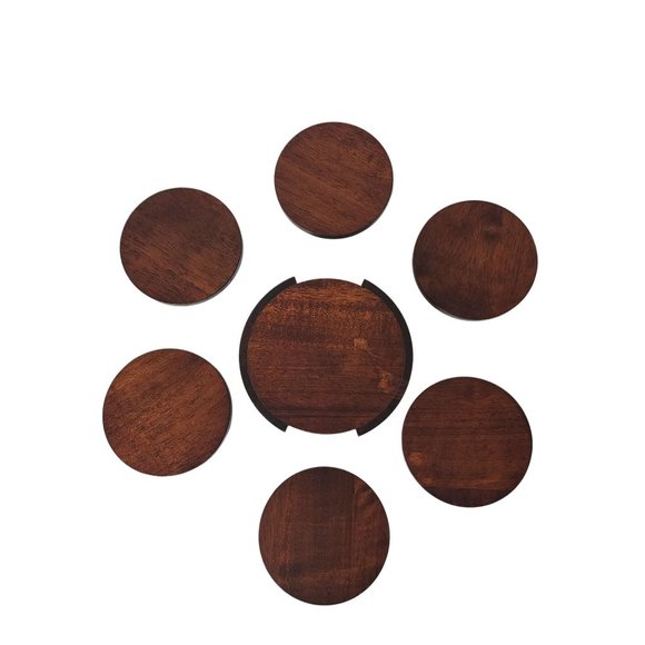 20th Century Modern Dark Wood Coasters in Caddy - 7 Pieces Vintage - Picture 4 of 7